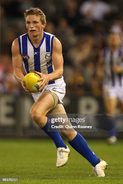 Jack Ziebell of the Kangaroos looks to kick the ball during the round three AFL match between the North Melbourne Kangaroos and the West Coast Eagles...