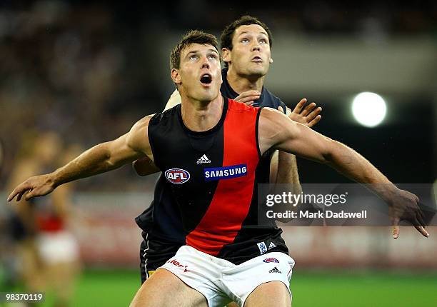 David Hille of the Bombers contests a boundary throw in with Robert Warnock of the Blues during the round three AFL match between the Carlton Blues...