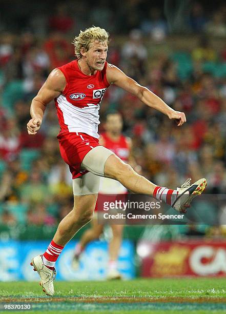 Craig Bolton of the Swans kicks during the round three AFL match between the Sydney Swans and the Richmond Tigers at Sydney Cricket Ground on April...