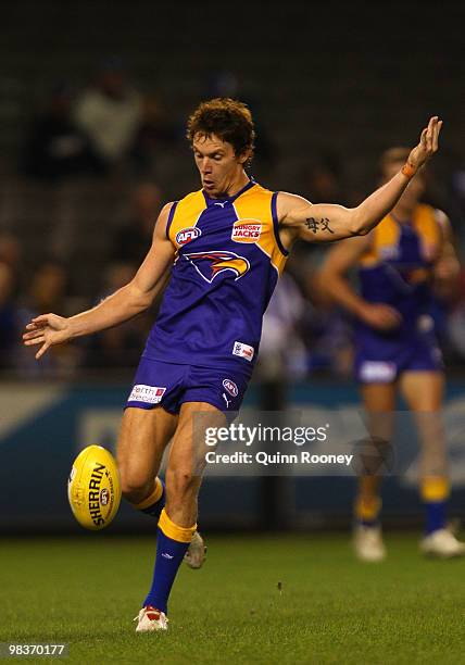 Bradd Dalziell of the Eagles kicks during the round three AFL match between the North Melbourne Kangaroos and the West Coast Eagles at Etihad Stadium...