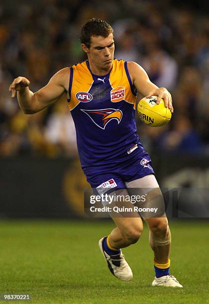 Luke Shuey of the Eagles kicks during the round three AFL match between the North Melbourne Kangaroos and the West Coast Eagles at Etihad Stadium on...