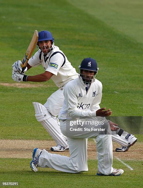 Yorkshire batsman Azmal Shazad works the ball past fielder Varun Chopra during the 2nd day of the Division One LV County Championship match between...