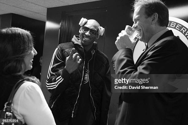 Head Coach, Kurt Rambis of the Minnesota Timberwolves catches up with Kobe Bryant of the Los Angeles Lakers after the game on April 9, 2010 at the...