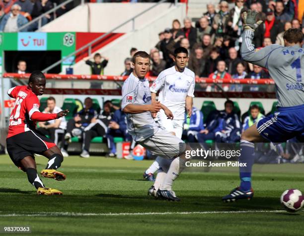 Didier Ya Konan of Hannover scores his team's second goal during the Bundesliga match between Hannover 96 and FC Schalke 04 at AWD Arena on April 10,...