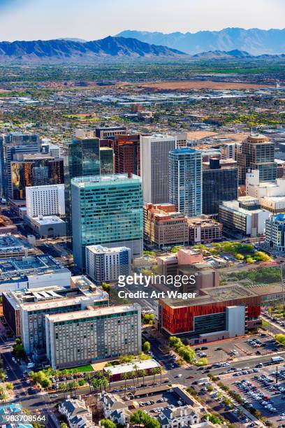 above downtown phoenix arizona - helicopter point of view stock pictures, royalty-free photos & images