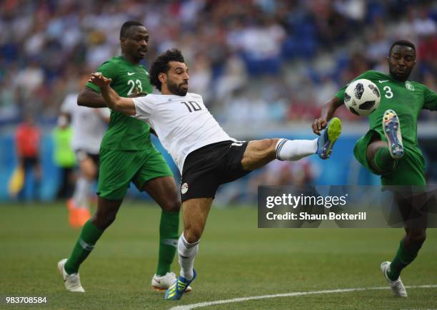 Mohamed Salah of Egypt scores his team's first goal during the 2018 FIFA World Cup Russia group A match between Saudia Arabia and Egypt at Volgograd...