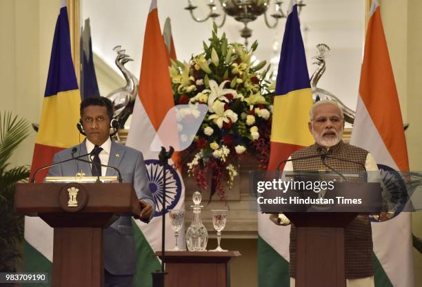 Prime Minister Narendra Modi and President of Seychelles Danny Antoine Rollen Faure during a meeting and exchange of agreements at Hyderabad House on...
