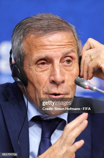 Oscar Tabarez, Head coach of Uruguay attends the post match press conference following the 2018 FIFA World Cup Russia group A match between Uruguay...