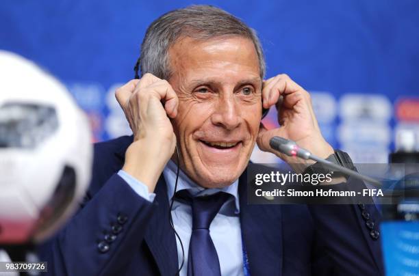 Oscar Tabarez, Head coach of Uruguay attends the post match press conference following the 2018 FIFA World Cup Russia group A match between Uruguay...