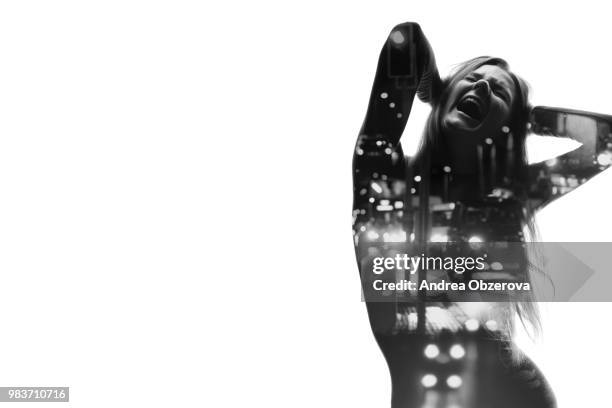 city traffic concept, double exposure female screaming - 8mm film projector stock pictures, royalty-free photos & images