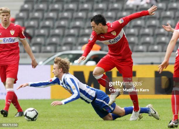 Fabian Lustenberger of Berlin battles for the ball with Timo Gebhart of Stuttgart during the Bundesliga match between Hertha BSC Berlin and VFB...