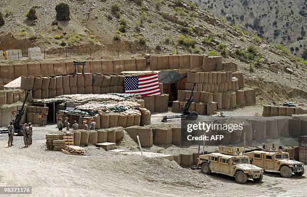 Army soldiers walk in US military Camp Wilderness in Khost province on April 10, 2010. The United States and NATO have deployed some 113,000 troops...