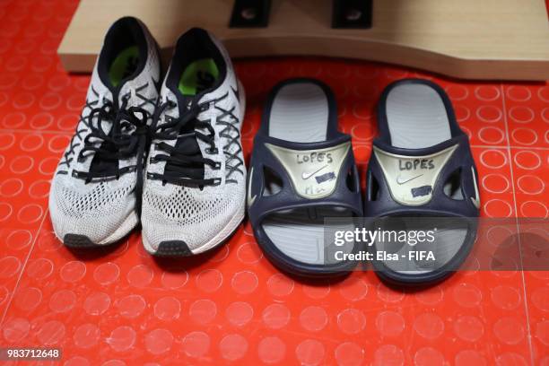 Anthony Lopes of Portugal shoes and flip flops are seen inside the Portugal dressing room the 2018 FIFA World Cup Russia group B match between Iran...