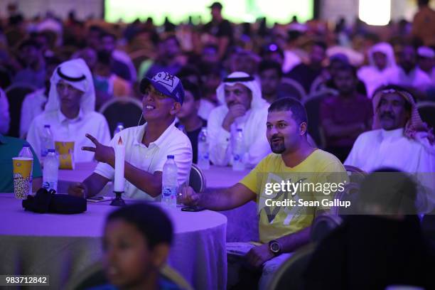 Men and women watch the Saudi Arabia vs. Egypt 2018 World Cup match at a public viewing in a tent on June 25, 2018 in Jeddah, Saudi Arabia. The Saudi...