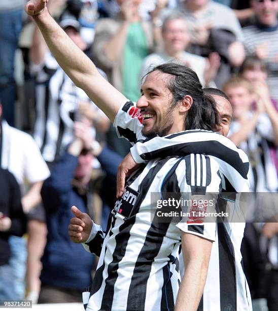 Jonas Gutierrez celebrates his opening goal during the Coca Cola Championship match between Newcastle United and Blackpool at St.James' Park on April...