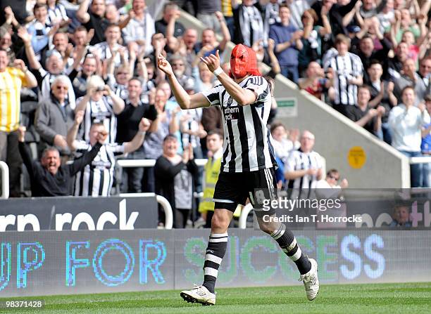 Jonas Gutierrez celebrates his opening goal during the Coca Cola Championship match between Newcastle United and Blackpool at St.James' Park on April...