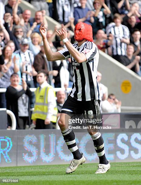 Jonas Gutierrez celebrates his opening goal during the Coca Cola Championship match between Newcastle United and Blackpool at St.James' Park on April...