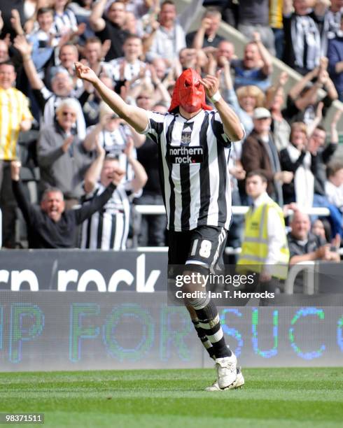 Jonas Gutierrez celebrates his opening goal during the Coca Cola Championship match between Newcastle United and Blackpool at St.James' Park on April...