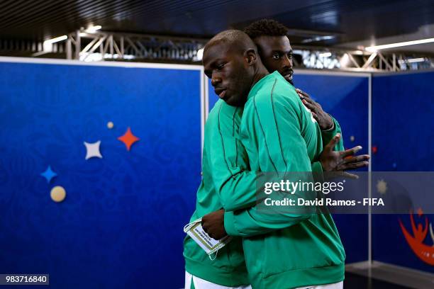 Kalidou Koulibaly of Senegal hugs his team mate Mbaye Niang in the tunnel prior to the 2018 FIFA World Cup Russia group H match between Japan and...