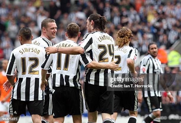 Andy Carroll celebrates after scoring the second goal during the Coca Cola Championship match between Newcastle United and Blackpool at St.James'...