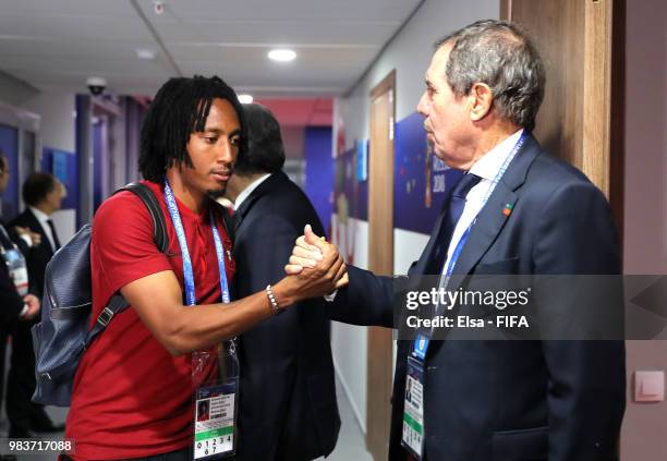 Vice president of Portugal footbal federadtion Humberto Coelho cheers Gelson Martins prior to the 2018 FIFA World Cup Russia group B match between...