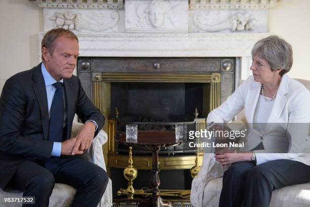 British Prime Minister Theresa May meets with President of the European Council Donald Tusk at Downing Street on June 25, 2018 in London, England.