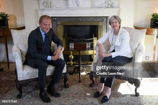 British Prime Minister Theresa May meets with President of the European Council Donald Tusk at Downing Street on June 25, 2018 in London, England.