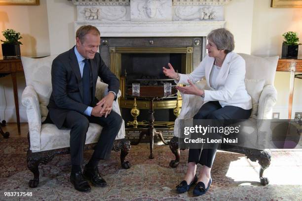 British Prime Minister Theresa May meets with President of the European Council Donald Tusk at Downing Street on June 25, 2018 in London, England.