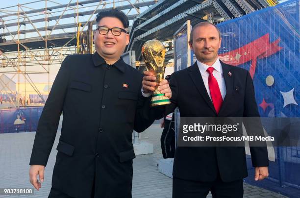 Impersonators of the Kim Jong-un and Vladimir Putin after the 2018 FIFA World Cup Russia group A match between Uruguay and Russia at Samara Arena on...