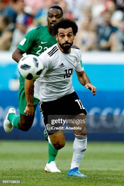 Mohamed Salah of Egypt in action during the 2018 FIFA World Cup Russia Group A match between Saudi Arabia and Egypt at the Volgograd Arena in...