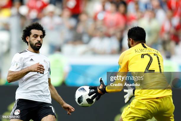 Mohamed Salah of Egypt in action during the 2018 FIFA World Cup Russia Group A match between Saudi Arabia and Egypt at the Volgograd Arena in...