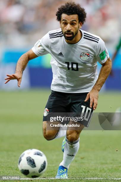 Mohamed Salah of Egypt in action during the 2018 FIFA World Cup Russia Group A match between Saudi Arabia and Egypt at the Volgograd Arena in...