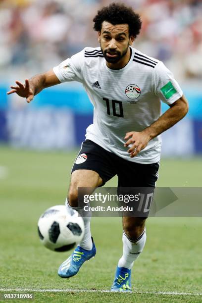 Mohamed Salah of Egypt in action during the 2018 FIFA World Cup Russia Group A match between Saudi Arabia and Egypt at the Volgograd Arena in...