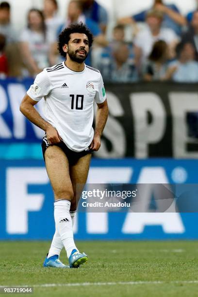 Mohamed Salah of Egypt reacts after the 2018 FIFA World Cup Russia Group A match between Saudi Arabia and Egypt at the Volgograd Arena in Volgograd,...