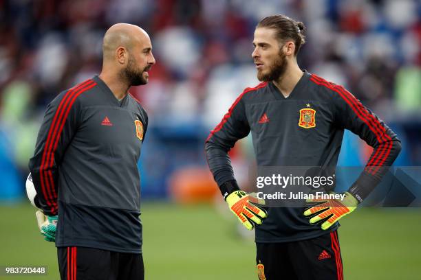 Pepe Reina of Spain speaks with David De Gea of Spain during the warm up prior to the 2018 FIFA World Cup Russia group B match between Spain and...