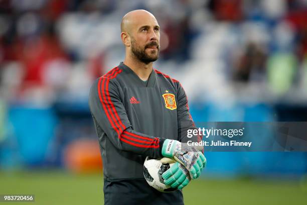 Pepe Reina of Spain looks on in the warm up prior to the 2018 FIFA World Cup Russia group B match between Spain and Morocco at Kaliningrad Stadium on...