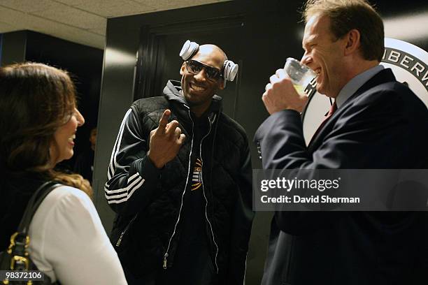 Head Coach, Kurt Rambis of the Minnesota Timberwolves catches up with Kobe Bryant of the Los Angeles Lakers after the game on April 9, 2010 at the...
