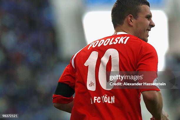 Lukas Podolski of Koeln is pictured during the Bundesliga match between 1899 Hoffenheim and 1. FC Koeln at Rhein-Neckar Arena on April 10, 2010 in...