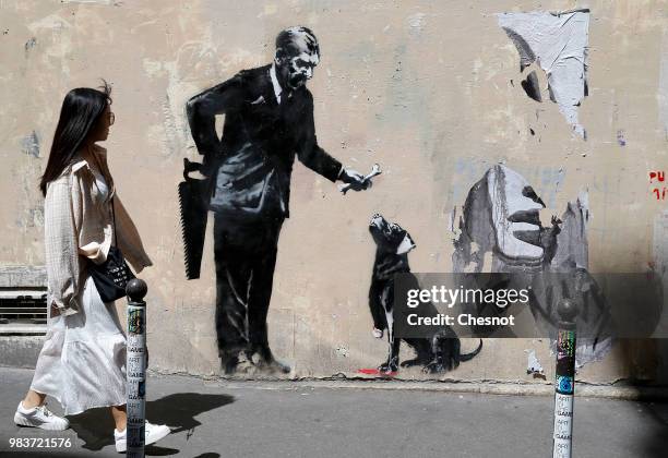 Woman walks past a recent artwork attributed to street artist Banksy on June 25, 2018 in Paris, France. Six frescoes, attributed to Banksy, were...