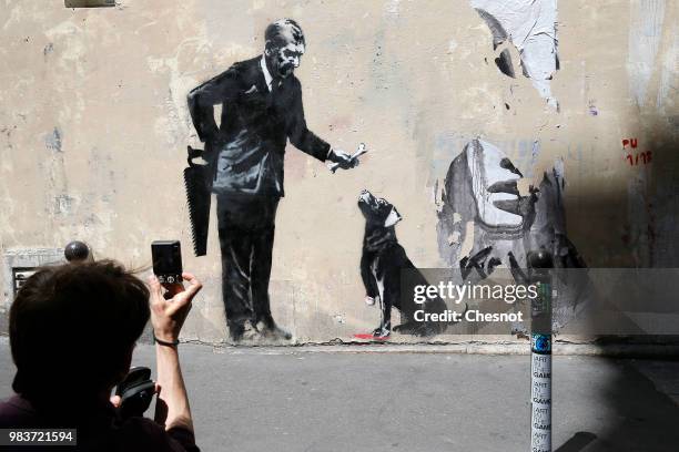 Man takes a picture of a recent artwork attributed to street artist Banksy on June 25, 2018 in Paris, France. Six frescoes, attributed to Banksy,...