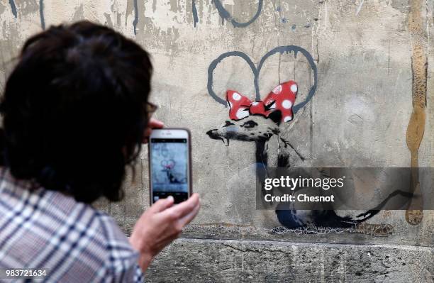 Woman takes a picture of a recent artwork attributed to street artist Banksy on June 25, 2018 in Paris, France. Six frescoes, attributed to Banksy,...