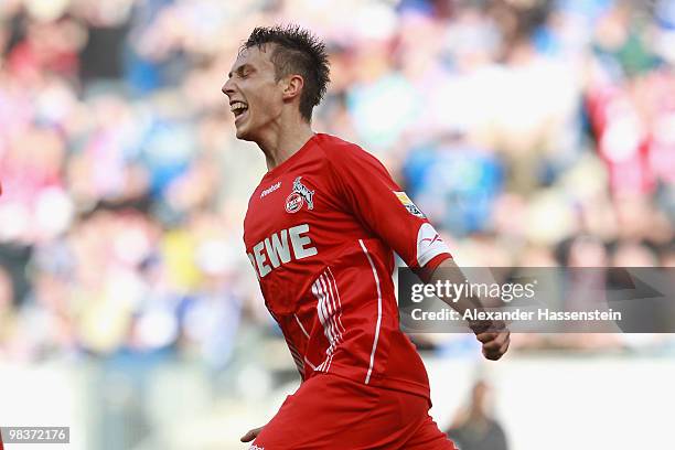 Adam Matuschyk of Koeln celebrates scoring his second team goal during the Bundesliga match between 1899 Hoffenheim and 1. FC Koeln at Rhein-Neckar...