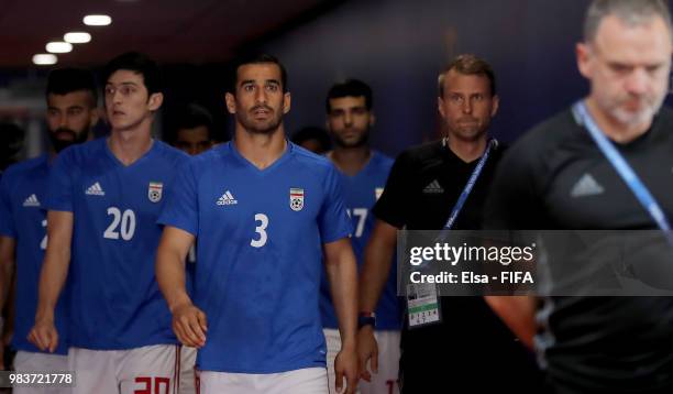 Sardar Azmoun and Ehsan Haji Safi of Iran Safi of Iran walk on the pitch prior to the 2018 FIFA World Cup Russia group B match between Iran and...