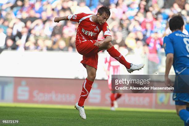Adam Matuschyk of Koeln scores his second team goal during the Bundesliga match between 1899 Hoffenheim and 1. FC Koeln at Rhein-Neckar Arena on...