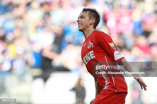 Adam Matuschyk of Koeln celebrates scoring his second team goal during the Bundesliga match between 1899 Hoffenheim and 1. FC Koeln at Rhein-Neckar...