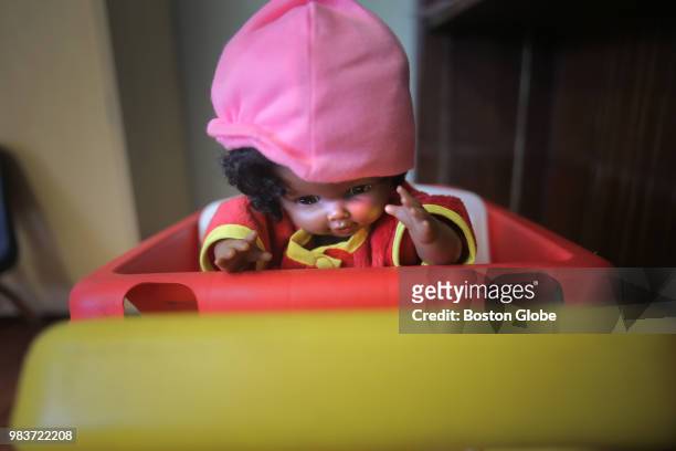 Doll is pictured inside the playroom inside the Catholic Charities St. Ambrose Family Shelter in the Dorchester neighborhood of Boston on June 20,...