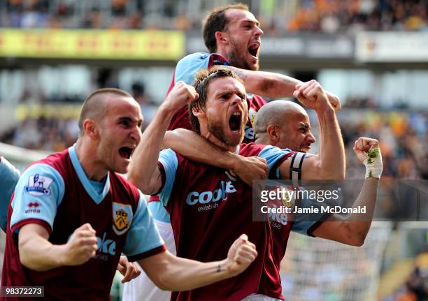 Graham Alexander of Burnley celebrates with his team mates after scoring his team's second goal from a penalty during the Barclays Premier League...