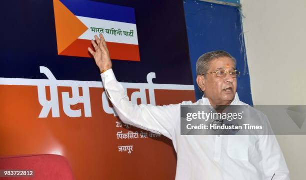 Rebel Rajasthan BJP MLA Ghanshyam Tiwari addresses a press conference after he tendered his resignation from the party on June 25, 2018 in Jaipur,...