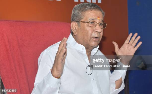 Rebel Rajasthan BJP MLA Ghanshyam Tiwari addresses a press conference after he tendered his resignation from the party on June 25, 2018 in Jaipur,...