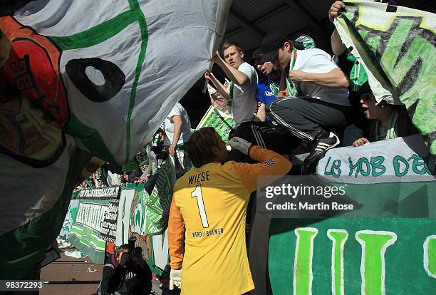 Tim Wiese, goalkeeper of Bremen celebrates after the Bundesliga match between Werder Bremen and SC Freiburg at the Weser Stadium on April 10, 2010 in...